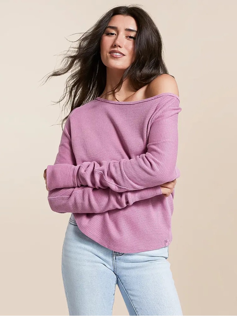 Free People Orchid Jess Thermal Boatneck Long Sleeve Tee Size XL